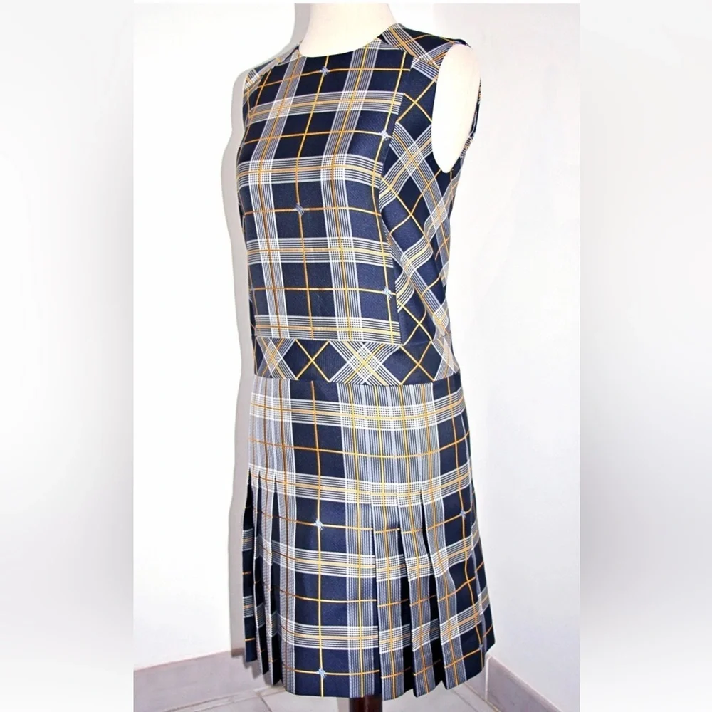Burberry Alana Embroidered Equestrian Knight Logo Navy Plaid Mini Dress US 8
